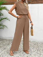 Zella™ Elegant Two-Piece Set | Lace-Trimmed Top and Wide-Leg Trousers