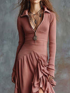 Zipper-Collar Ribbed Asymmetric Ruffle Maxi Dress