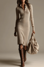 Minimalist Beige Knit Bodycon Midi Dress