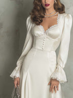 Vintage Lace Trim Polyester Satin Midi Dress