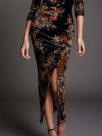 Vintage Lace-trimmed Slit Hem Floral Leopard Print Polyester Satin Midi Dress